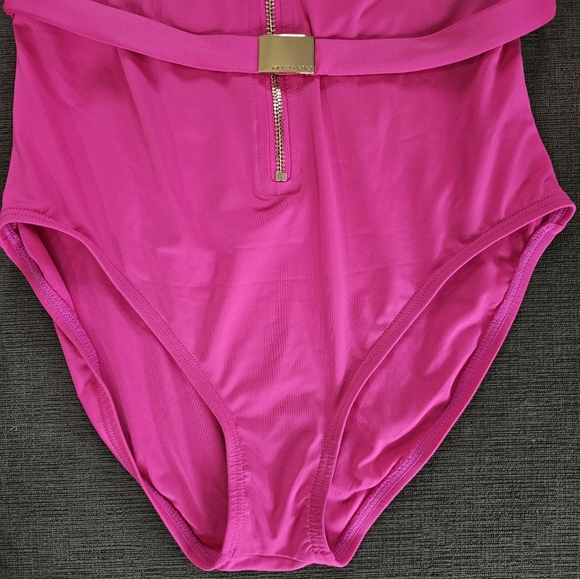 Michael Kors Pink long Sleeve Zip Up Logo Belt One Piece Paddle Swimsuit Size 8 - Picture 6 of 10
